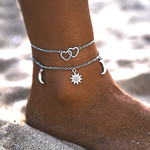 Ushiny Boho Cavigliera a strati con stella sulla spiaggia, a mezzaluna, gioiello per donne e ragazze, colore: argento