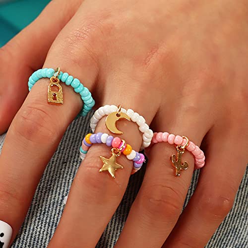 Atentuyi Boho Perline Anello D'oro Stella Anello Luna Elastico Colorato Perline Anello Stella Nocca Gioielli Per Le Donne E Le Ragazze 4pcs