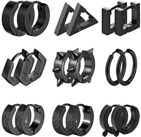 LIUJZZJ 9 Paia Orecchini Cerchio Neri in acciaio inossidabile per Uomo Donna Set di Orecchini a Forma di Triangolo Quadrato Rotondo Quadrato Cerchio Set