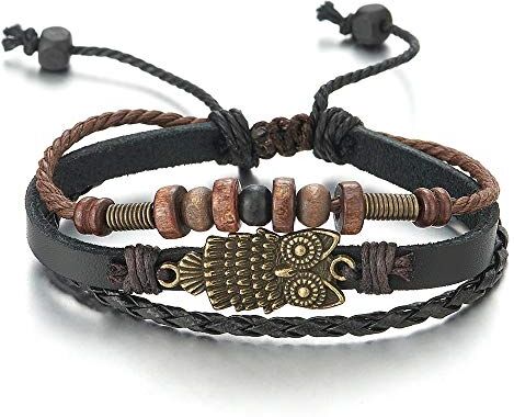 COOLSTEELANDBEYOND iMETACLII Uomo Multi-filo Nero Pelle Cuoio Intrecciato Marrone Cotone Cinghie Braccialetto con Gufo e Perlina Charms