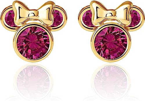 Disney Orecchini  in Oro Giallo 9 KT per Bambine con Minnie, Impreziosito da Zirconia Rosso Rubino