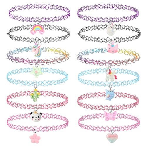 YHIJSR 12 Pezzi Girocollo Set di Collane per Bambini Ciondolo Charm Unicorno Arcobaleno Panda Gatto Cuore Fiore Sirena Girocollo Tattoo Stretch Elastico