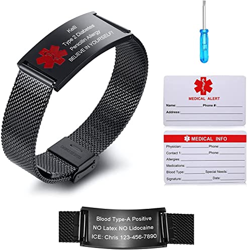 Vnox Bracciale di Emergenza Bracciale Personalizzato per Donne Mediche: Braccialetti ID Personalizzati con Incisione Bracciale Medico Regolabile in Acciaio Inossidabile da Uomo,Rosso Nero