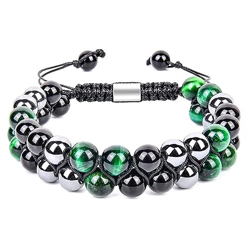 ASYKNM Bracciale Unisex con Protezione Tripla:Ematite 8mm,Occhio di Tigre e Perle di Pietra Naturale.Nero e Verde,con Proprietà di Guarigione.Portafortuna e Prosperità per Uomo e Donna