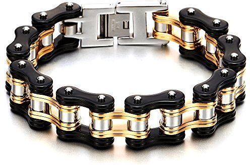 COOLSTEELANDBEYOND Pesante e Studio Uomo Bracciale da Catena di Bicicletta Moto, Acciaio Inossidabile Oro Argento Nero Tri-Toni, Lucidato