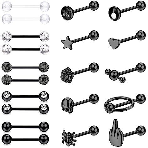 JeweBella 20 Pezzi 14G Piercing Lingua per Donna Uomo Acciaio Chirurgico Piercing Capezzolo Piercing Lingua Argento/Nero Piercing Barretta Gioielli 16mm