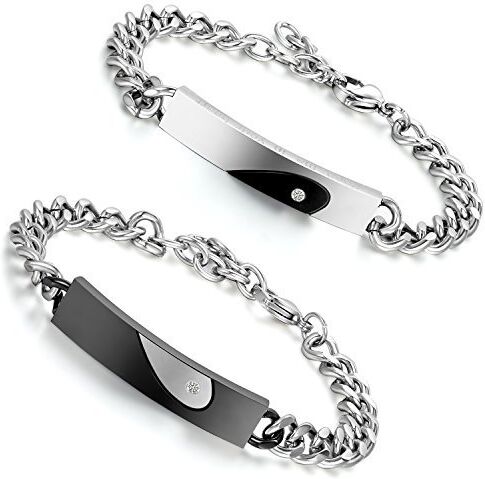 Flongo Coppia Bracciale Puzzle Cuore argento/nero, con saccetto nero,Regalo lui lei fidanzati