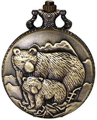 JewelryWe Gioielli Collana con Pendente da Uomo Donna Ragazzi Ciondolo Multi Modelli Colore Bronzo Orologio da Tasca Classico Regalo (Orso)