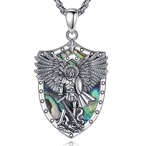 AEONSLOVE Ciondolo San Michele Arcangelo Collana San Michele Argento 925 Uomo Donna Medaglia Arcangelo Michele con Guscio di Abalone Gioielli Amuleto di Protezione Religioso Regalo Cristiano Cattolico