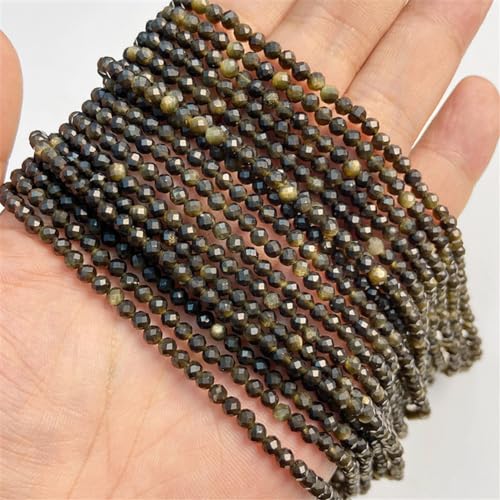 Generic Perline rotonde sfaccettate sfuse in agata naturale da 4 mm, tormalina e fluorite, per la creazione di gioielli, ossidiana NO2, 4 mm, 85-90 perline