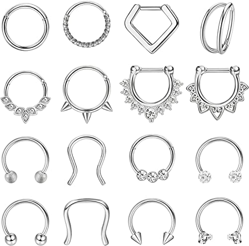 ADRAMATA 16Pcs Piercing Septum Piercing Naso Anelli Acciaio Chirurgico Daith Orecchini Piercing Helix Tragus Cartilagine Labbro Anello a Ferro di Cavallo Piercing Gioielli, 8MM, 16G,S