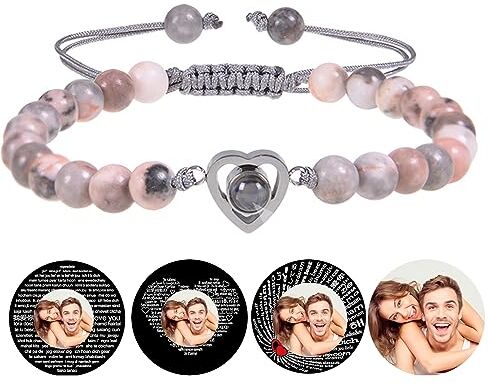 Certykllp Bracciale con perline cuore personalizzato con immagine all'interno personalizzata pietra naturale cuore bracciali foto San Valentino Compleanno Anniversario qualsiasi giorno speciale regali