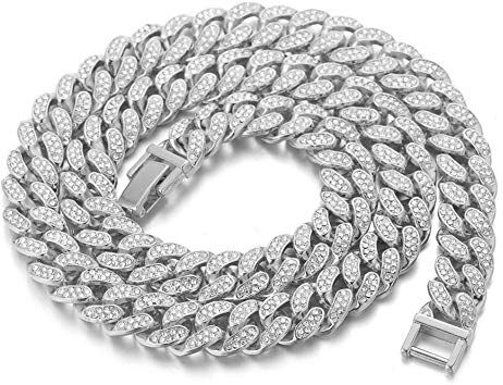 HALUKAKAH Cuban Link Chain for Men Iced Out,15MM Men's Gold Chain Miami Platinum White Gold Finish Choker Necklace 55cm,Full Cz Diamond Cut Prong Set,Gift for Him