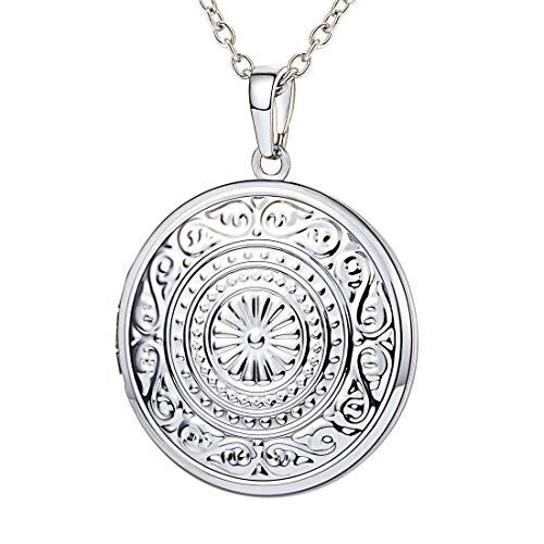 U7 Collana Pendente Donna Medaglione Ovale Fiore PortaFoto, Placcato Platino, Catena Regolabile, Gioiello alla Moda, Argento, Regalo Perfetto Compleanno Anniversario (Confezione)