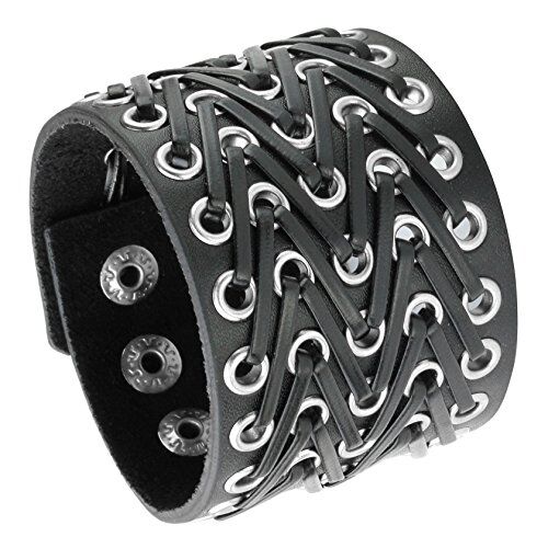 MILAKOO Bracciale di Pelle a Fascia Larga con Borchie Metalliche Unisex Nero con Borchie di Metallo in Stile Motociclista Punk Rock Largo Cinturino Fascia Regolabile e Lega Braided