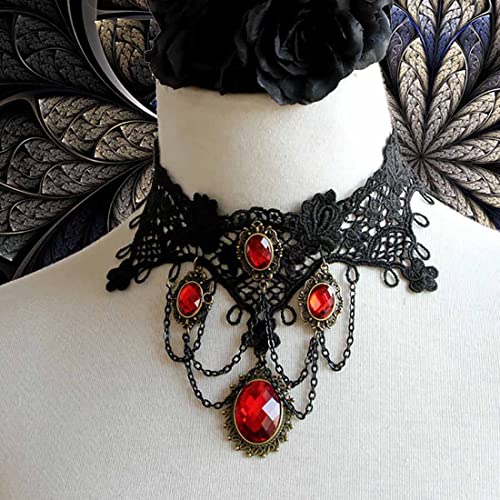Prosy Gothic Black Lace Choker Collana Oro Rosso Rosa Fiore Gemme Collare Collare Collare Regolabile per Donne e Ragazze (A)