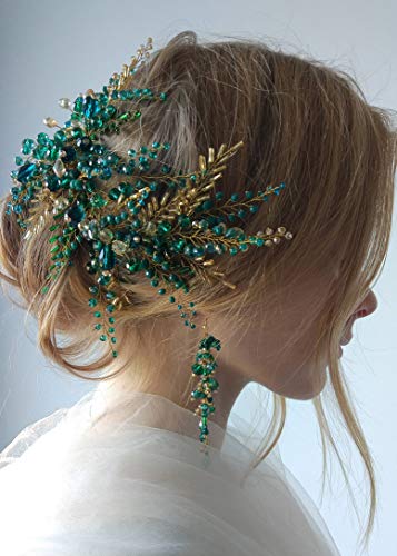Kercisbeauty copricapo con perline verdi e orecchini, fascia per capelli da sposa, accessorio per capelli vintage, con gioielli fatti a mano