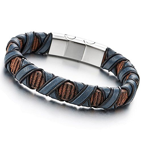 COOLSTEELANDBEYOND Braccialetto di Marrone Nero Blu Pelle Intrecciata, Uomo Donna Bracciale Fascia di Polso, Acciaio Chiusura Magnetica