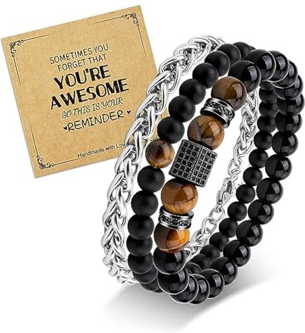 VGROSIA Bracciale Uomo Ossidiana Nera Agata e Pietra Braccialetto Uomo Acciaio Inox 3 Pezzi, regalo Fidanzato Papà Nonno Ragazzo Marito Fratelli Suocero Figlio Natale Anniversario Compleanno -3