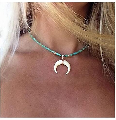 Inilbran Boho Turchese Seme Perline Collana Girocollo Luna Verso Il Basso Collane Ciondolo Luna Crescente Catena Blu Riso Perline Collana Girocollo Gioielli Per Le Donne E Le Ragazze