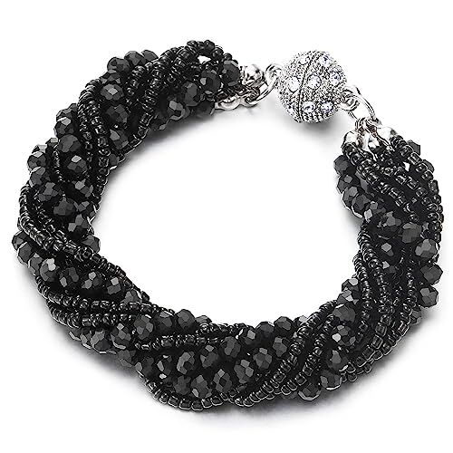 COOLSTEELANDBEYOND Nero Cristallo Perlina Multi-Fila Bracciale Braccialetto con Strass Palla Charms Chiusura Magnetica