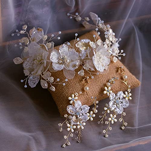 XqmarT Diadema di diamanti Europeo morbido fiore bianco fascia da sposa fascia orecchini fascia da sposa copricapo da sera accessori per capelli da sposa