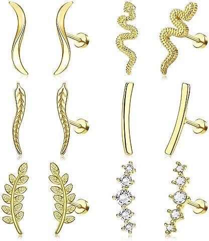 ADRAMATA 6 Paia 16G Piercing Helix Acciaio Inossidabile Orecchini Cartilagine Scalatori Orecchini a Bottone per Donna Opale CZ Orecchini con Schienale Piatto Conch Cartilagine Piercing Gioielli,G