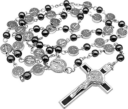 Nazareth Store Collana di Rosario Ematite Cattolico Medaglia di San Benedetto e Croce di Gesù Bellissimo amuleto religioso nel negozio di velluto