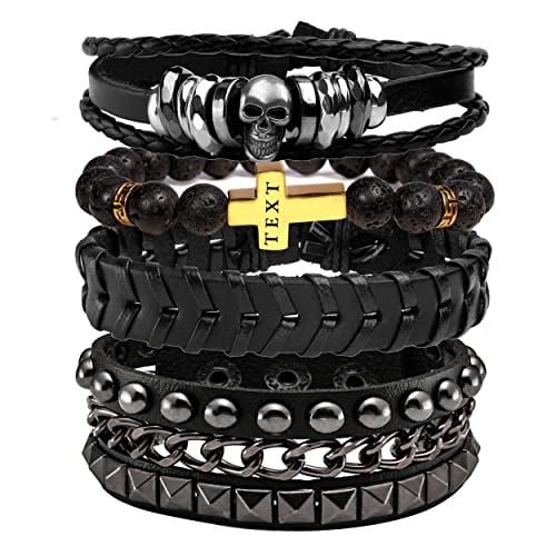 JJDreams Bracciale in pelle Uomo Set Bracciale Punk Bracciale Largo Rocker Bracciale Nero Incisione Bangles Gotico