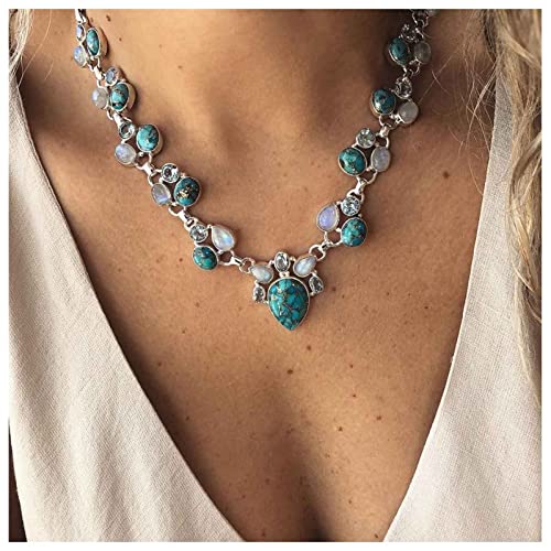 Cimenexe Bohemien Turchese Collana Girocollo Goccia D'acqua Turchese Collana Ciondolo Goccia Pietra Di Luna Collana Girocollo Argento Cristallo Collana Catena Blu Pietra Naturale Collana Gioielli Per