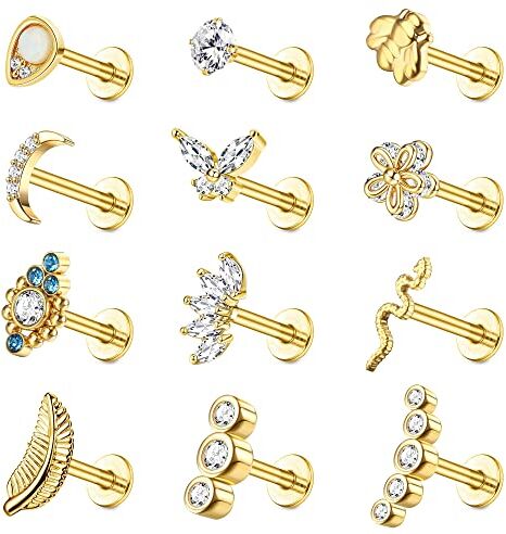 Milacolato 16G Piercing Labret Tragus Stud Acciaio Inossidabile CZ Fiore Naso Stud Cartilagine Orecchini Argento Oro Filettata Interna Labret Labbro Orecchio Piercing Gioielli 12Pcs 8mm oro