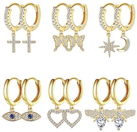 KALVICA 6 Paia Orecchini a Cerchio in Oro 14K Placcato Oro Huggie Orecchini a Cerchio Pendenti con Perle Croce Evil Eye Orecchini Pendenti di Cartilagine Cubic Zirconia per Donna Ragazze