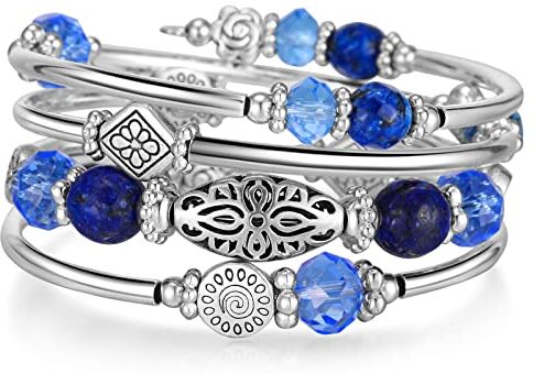 FULU AUTUMN Avvolgere il Braccialetto a Strati D'argento con Perline Bracciali Rigidi Impilabili Bohémien Gioielli Regali per La Festa Della Mamma(Sapphire)