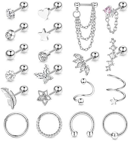 JeweBella 20 Pezzi 16G Orecchini Cartilagine Argento/Oro Piercing Orecchio Acciaio Chirurgico per Donna Piuma Cuore Stella Orecchini a Cerchio Set Piercing Orecchio Helix Trago Conch