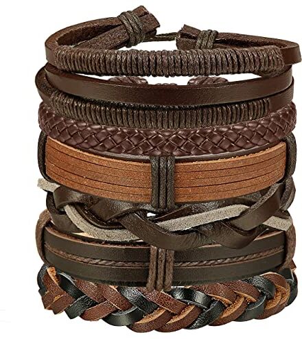 JeryWe 6 Pezzi Bracciale in Pelle per Uomini Donne Bracciale Intrecciato Punk Cuff Rope Wrap Bracciali Regolabili Vintage Set Nero e Marrone