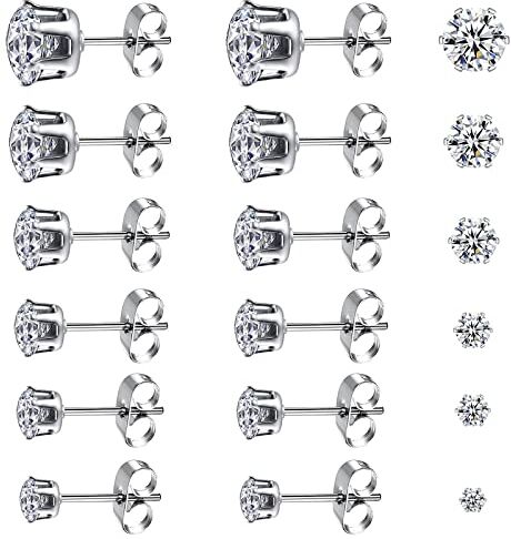 Leikedun 6 Paia Orecchini Uomo Diamante Donna con Zirconia Cubica, Anallergici in Acciaio Chirurgico al Titanio, Brillantini 3 8 mm, Bianco