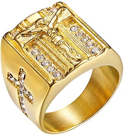 JewelryWe Anello Grande da Uomo con Croce Christian Jesus Cross Ring Colore Oro