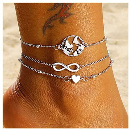 Inilbran Boho Infinity Cavigliera Fortunato 8 Cavigliera Bracciale A Strati Amore Cuore Catena Cavigliera Argento Mappa Del Mondo Cerchio Cavigliera Piede Catena Gioielli Per Le Donne E Le Ragazze 3pc