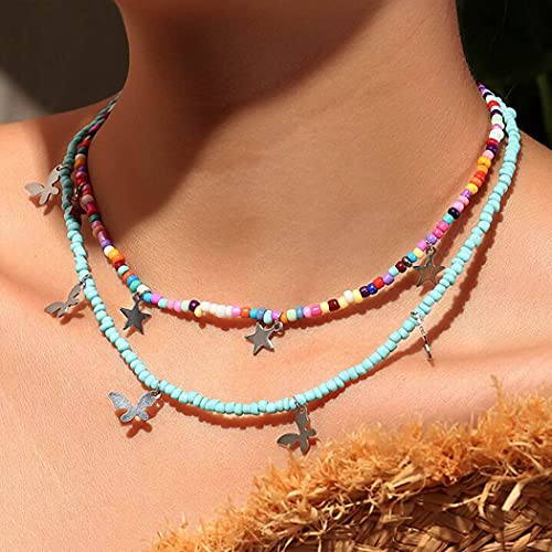 Fashband Boho Collane girocollo con perline colorate Collana con ciondolo a farfalla a strati Collana con stella in argento Gioielli per donne e ragazze