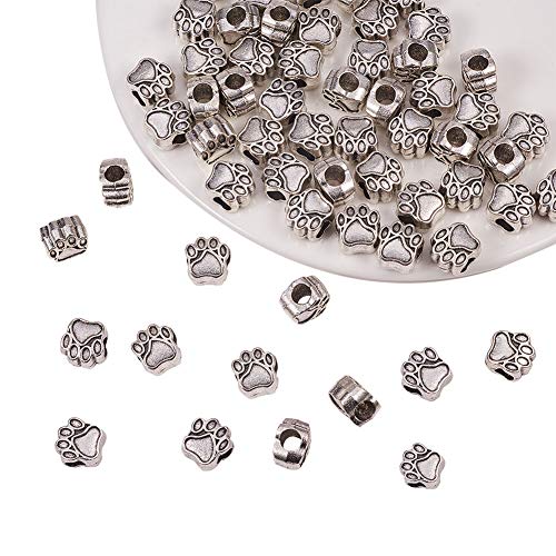 PH PandaHall 60pcs Perline Europee in Lega di Zinco tibetana Stili Grandi Fori perlin e Stampe della Zampa del Cane per Braccialetti collane bigiotteria, Argento Antico, 11x106x75mm, Foro: 48mm