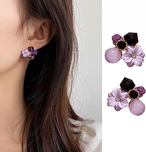 Wendalern Orecchini a forma di fiore di cristallo viola Orecchini a forma di fiore con zirconi cubici Orecchini a forma di fiore con pietre di luna Orecchini a grappolo di fiori per donne Ragazze