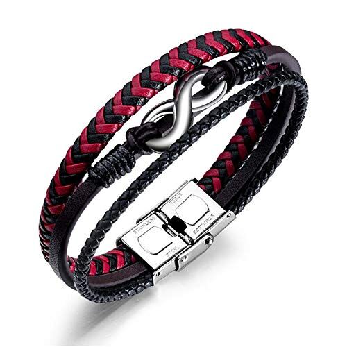 ATEIELLI Bracciale Uomo in PU Pelle Infinito Acciaio Inossidabile 21cm o piu‘ corta  (Rosso)