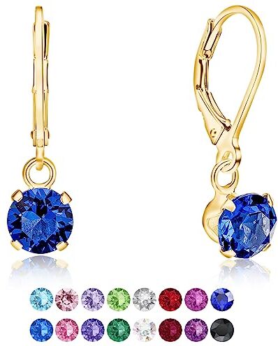 DTPsilver ® Orecchini Donna Argento 925 Placcato Oro Giallo con Cristalli Swarovski® Elements Orecchini Pendenti Donna Orecchini Oro Placcato Diametro 6 mm Orecchini Blu Zaffiro