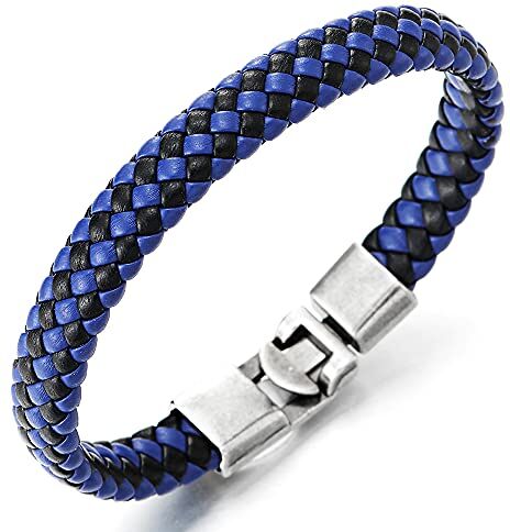 COOLSTEELANDBEYOND Uomo Donna Braccialetto di Nero Blu Pelle Intrecciata, Uomo Braccialetto di Cuoio Intrecciato, Annata Gancio Chiusura