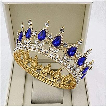 YTGLQAZ Accessori Per Capelli Fasce Per Le Donne Diademi Di Cristallo Dorati Corona Rotonda Royal Queen King Crowns Diadema Prom Accessori Per Gioielli Per Capelli Da Sposa (Colore Metallo: Gold Blu