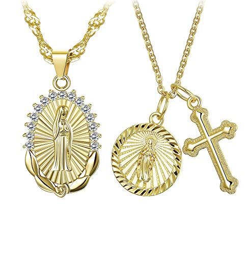 Finrezio 2 Pezzi Collana Placcata in Oro Vergine Maria con Croce per Donne Collana con Cz