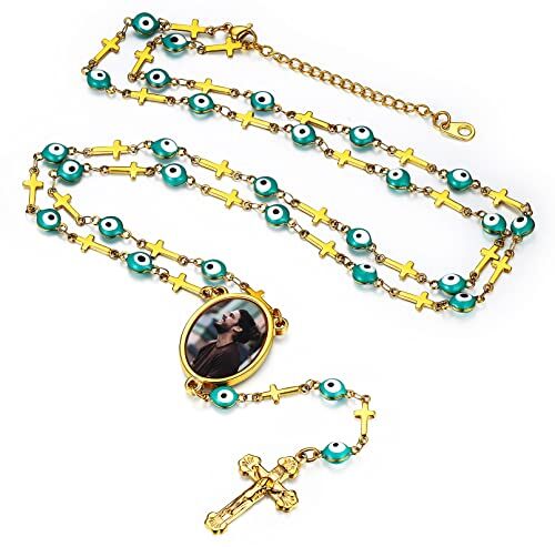 FaithHeart Collana Rosario Medaglia HD Foto Uomo Donna Crocifisso Pregheria Collana Croce Cattolica Personalizzata Catena Colorata con Perline Ciondolo Crocifisso Gioielli Religiosi