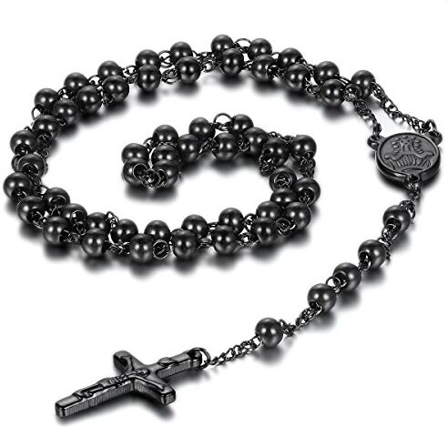 JewelryWe Gioielli Acciaio Inossidabile Collana Collegamento Perline Catena Catenina Nero Rosario Jesus Gesu Cristo Crocifisso Croce Retro Uomo