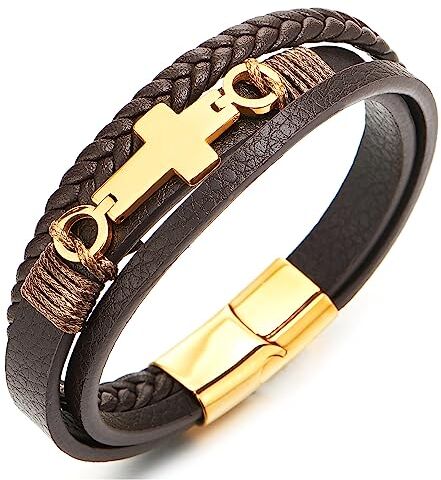 COOLSTEELANDBEYOND Marrone Intrecciato Pelle Bracciale Cuoio Oro Acciaio Lato Orizzontale Laterale Piatto Croce Tre Filoni, Uomo Donna