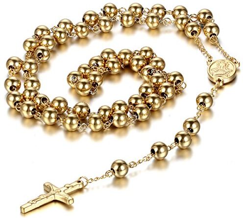 JewelryWe Gioielli Acciaio Inossidabile Collana Collegamento Perline Catena Catenina Oro Rosario Jesus Gesu Cristo Crocifisso Croce Retro Uomo